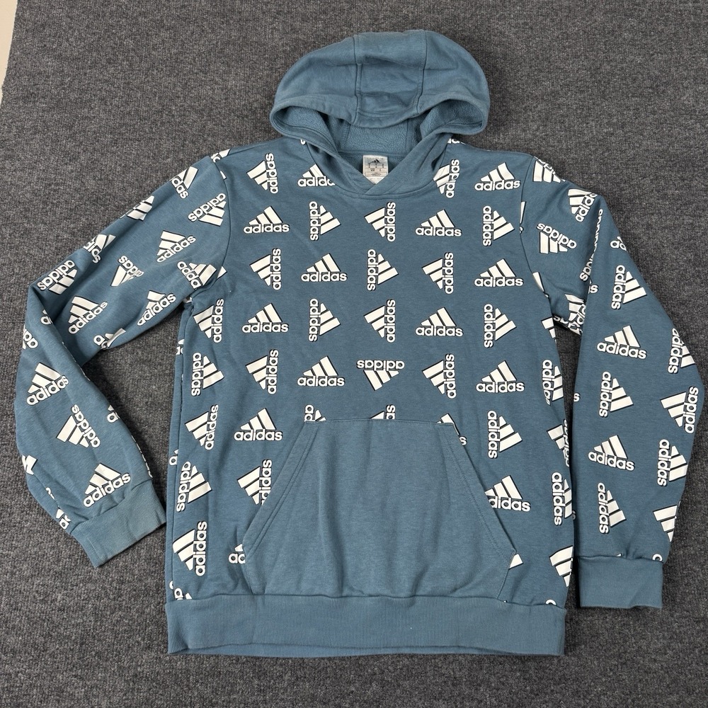 Adidas Men's Hoodie Medium Blue All Over Logo Print Pullover Kangaroo Pocket